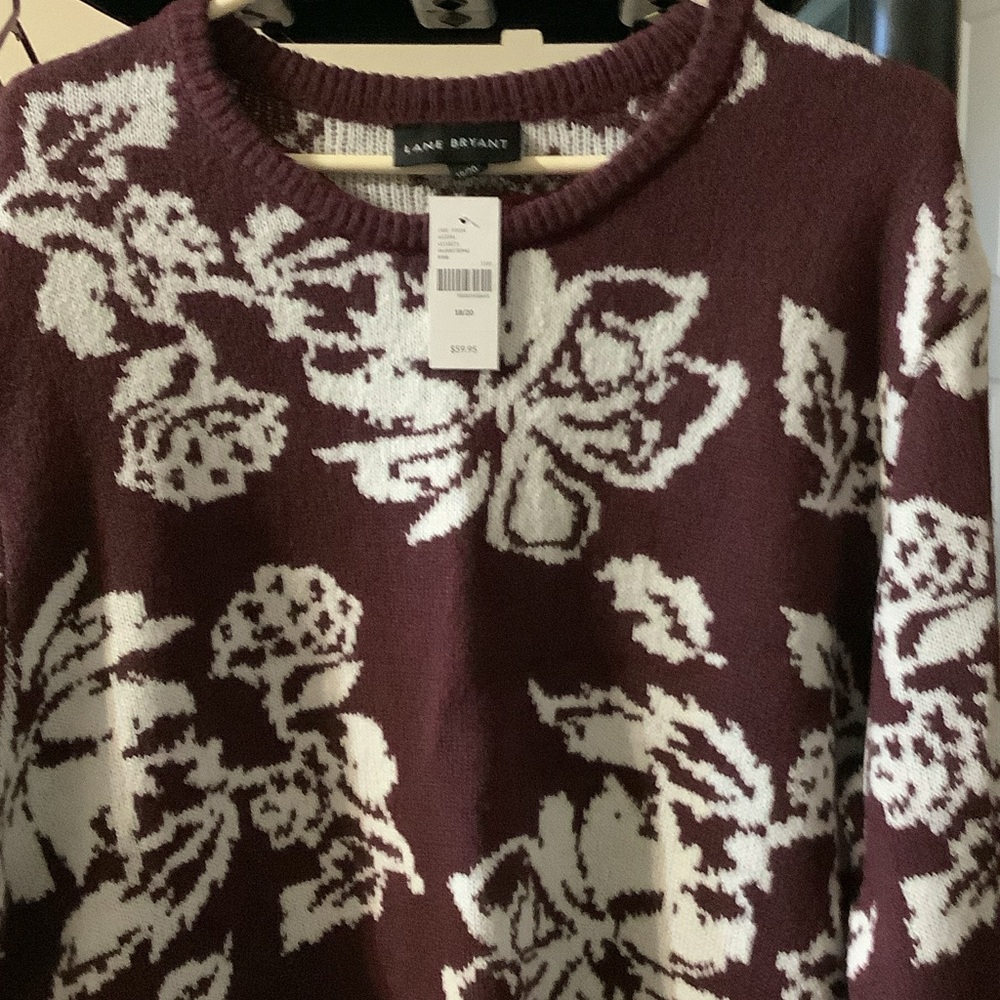 Lane Bryant Maroon Floral Crew Neck Sweater